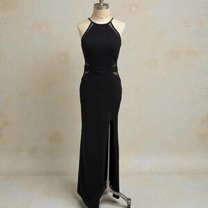 City Studios Juniors' Black Halter Mesh Cutouts Side-Slit Evening Gown Size 7